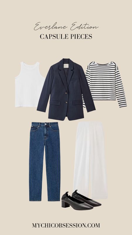 Everlane is the perfect place to find capsule wardrobe pieces at a reasonable price: quality basics like their Tencel oversized blazer, striped Breton tee, cutaway white tank top, way high jeans, day heels, and trousers will never go out of style. 