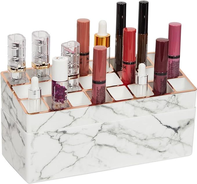 2-Tier Marble Makeup Organizer with Gold Trim, Lipstick Display Case, Brushes & Vanity Storage (9... | Amazon (US)