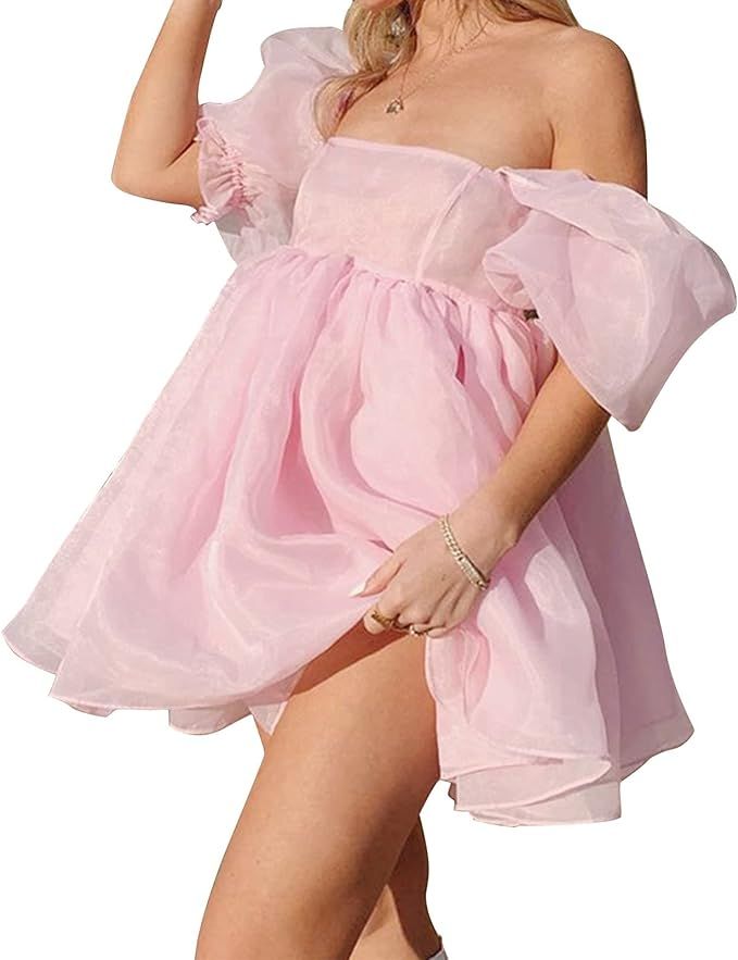 Women's Puff Sleeve Tulle Princess Dress Solid Color Summer Ruffle Party Prom Mini Dress (Pink, L... | Amazon (US)