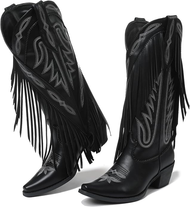 Cowgirl Boots for Women Retro Pointed Toe Pull On Block Chunky Heel Embroide Tassel Country Conce... | Amazon (US)