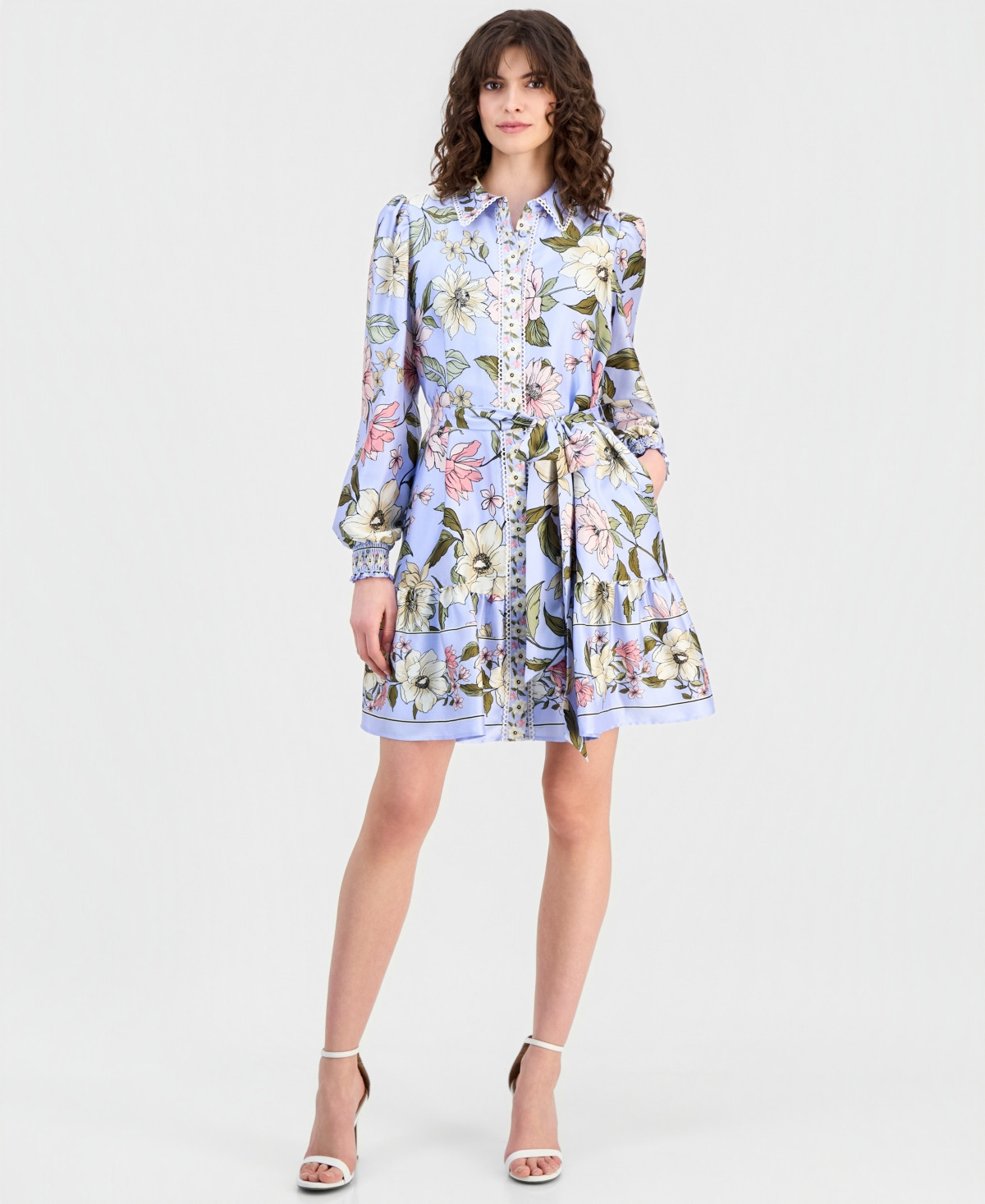Anne Klein Women's Floral Print Blouson-Sleeve Shirtdress - SURF BLUE MULTI (XX) | Macy's
