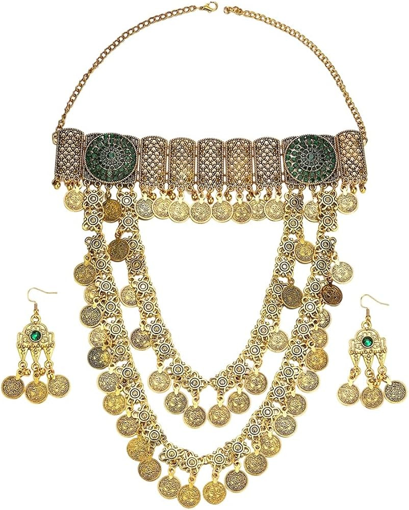 NewZenro Bohemian Coin Necklace Earrings Set for Women Vintage Gold Plated Tassel Dangle Drop Ear... | Amazon (US)