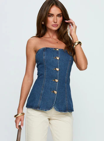 Deann Denim Strapless Top Mid Blue Wash | Princess Polly US