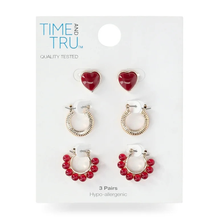 Time and Tru Women's Trio Heart and Hoop Earring Set, 3 Pair, Wine Heart Shaped Stud, Gold Metal ... | Walmart (US)