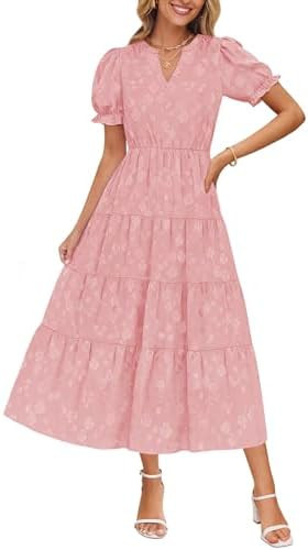 ZESICA Womens 2026 Summer Puff Short Sleeve Midi Dress Floral V Neck Textured Ruffle Flowy Beach ... | Amazon (US)