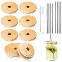 8 Pack Bamboo Regular Mouth Mason Jar Lids W/Straw Hole/8 Straws | Etsy (US)