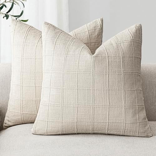 Foindtower Set of 2 Decorative Linen Check Throw Pillow Covers Neutral Farmhouse Vintage Cushion ... | Amazon (US)