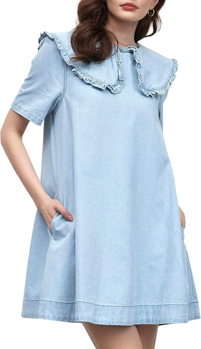 Kedera Womens Denim Mini Dress 2025 Peter Pan Collar Short Sleeve Casual Summer Babydoll Jean Dre... | Amazon (US)