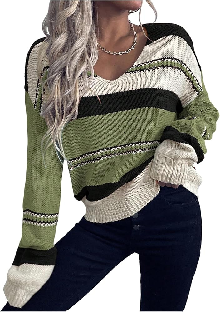 GORGLITTER Women's V Neck Striped Sweater Oversized Trendy 2025 Fall Holiday Cute Colorful Long S... | Amazon (US)