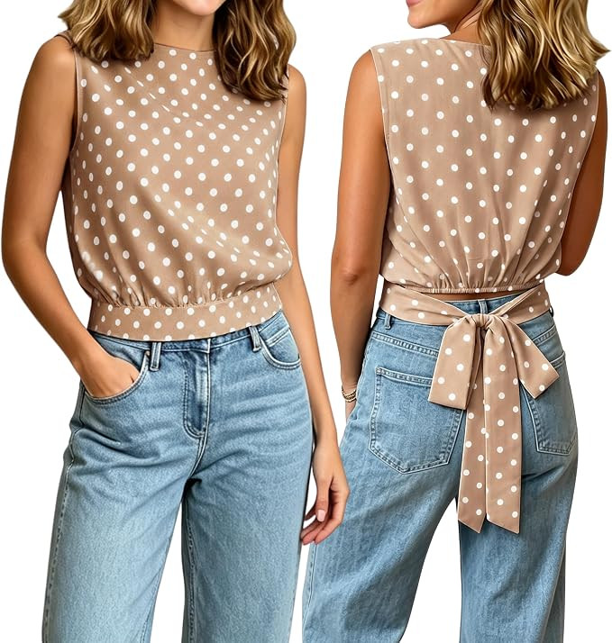 Omoone Women's Polka Dot Tank Top Y2K Sleeveless Boat Neck Tie Back Bow Cropped Vest Tunic Tops S... | Amazon (US)