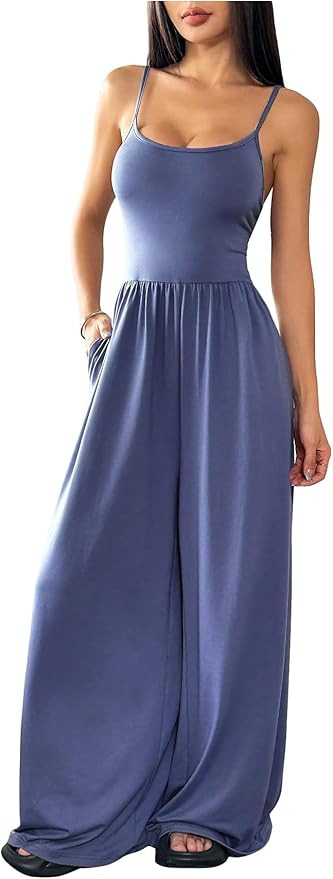 Floerns Women's Summer Jumpsuit Spaghetti Strap One Piece Outfit Wide Leg Baggy Pants Romper | Amazon (US)