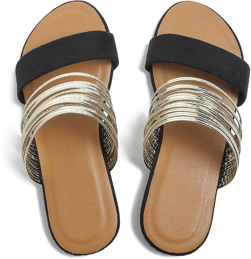 Sksshion Women's Metallic Strappy Flat Sandals Summer Slide Sandals Casual Shoes | Amazon (US)