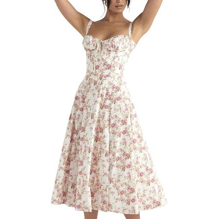 Women Floral Corset Dress Boho Summer Spaghetti Straps Square Neck Casual Midi Dress Flowy Slit Bustier Dresses | Walmart (US)