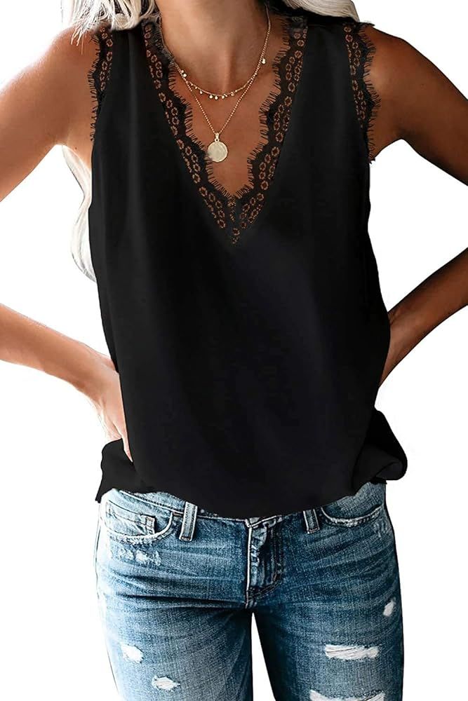 HARHAY Women's V Neck Lace Trim Casual Tank Tops Sleeveless Blouses Shirts | Amazon (US)