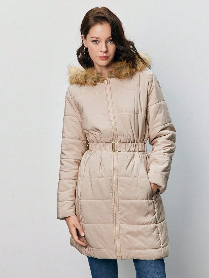 SHEIN Frenchy Zip Up Fuzzy Hooded Winter Coat | SHEIN