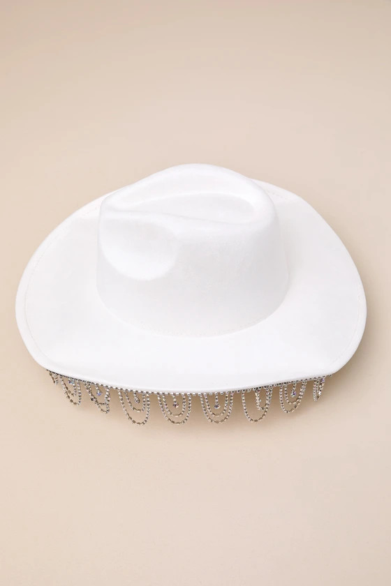 Glamorous Giddy-Up Ivory Rhinestone Fringe Cowboy Hat | Lulus