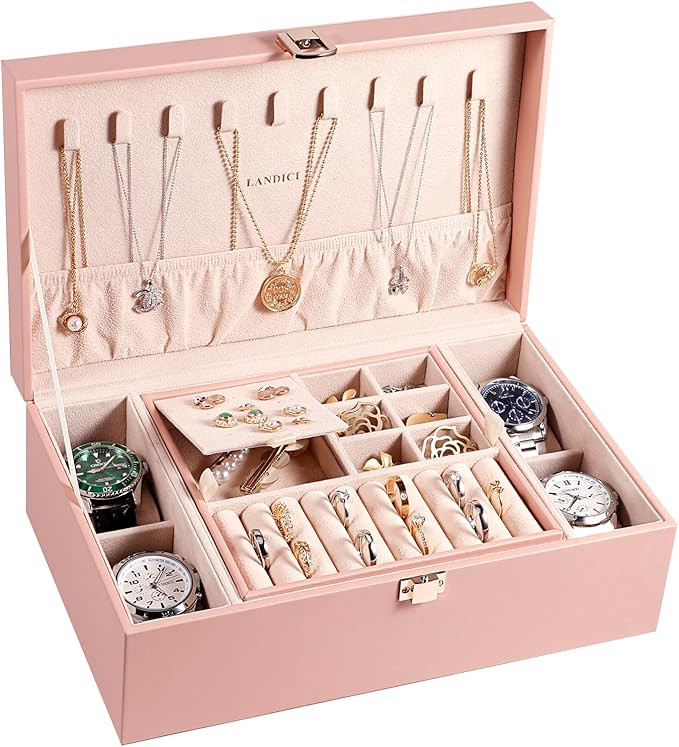 LANDICI Jewelry Box Organizer for Women Girls, Large 2 Layer Men Watch Case with Rem... | Amazon (US)