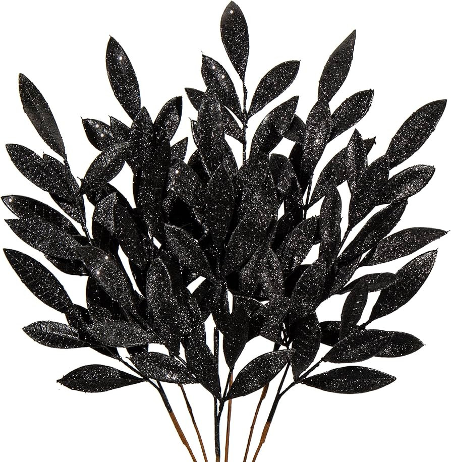 DILATATA 6Pcs Christmas Glitter Leaves Bay Leaves Spray 24" Artificial Black Bay Leaf Picks Spray... | Amazon (US)