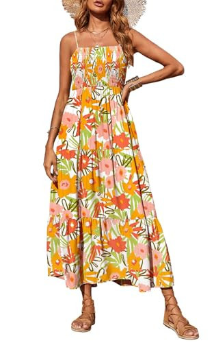 PRETTYGARDEN Summer Dresses for Women 2025 Spaghetti Strap Floral Maxi Dress Sleeveless Smocked Tiered Long Beach Sundress (White Yellow Flower,L) | Amazon (US)