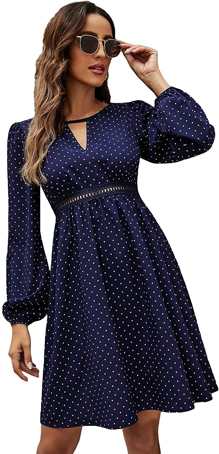WDIRARA Women's Polka Dots Keyhole Neck Bishop Long Sleeve Ruffle Hem A Line Dress | Amazon (US)