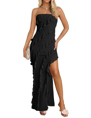 ZESICA Women's 2024 Strapless Bodycon Dress Sexy Off Shoulder Mesh Tassel Ruffle Side Split Tube ... | Amazon (US)