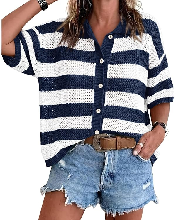 Cicy Bell Womens Summer Striped Crochet Cardigan Tops Button up Cover up | Half Sleeve，Loose Fi... | Amazon (US)