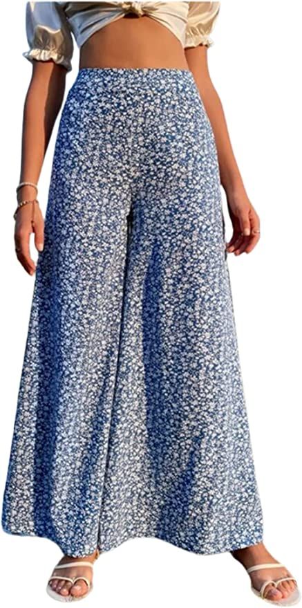 Avanova Women's High Waist Boho Floral Printed Palazzo Pants Loose Fit Wide Leg Trousers | Amazon (US)