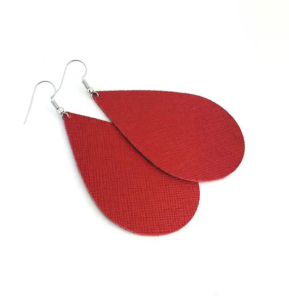 Leather teardrop earrings RED saffiano leather pick your size!  Firm leather | Etsy (US)
