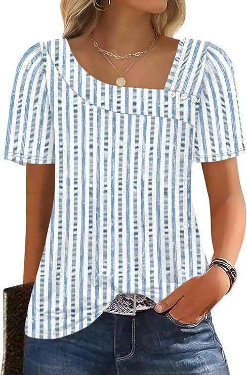WIHOLL Womens Summer Tops Short Sleeve Shirts Square Neck Spring Outfits 2026 Fashion Clothing Bl... | Amazon (US)