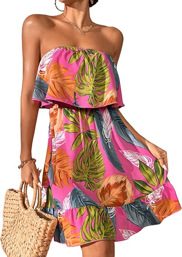 SOLY HUX Women's Floral Summer Beach Casual Sun Dresses Tropical Leaf Print, Amazon Vacation Dress | Amazon (US)