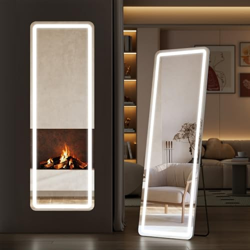 Sweetcrispy Full Length Mirror with LED Lights, 61"x17" Lighted Floor Mirror with Dimming & 3 Color Lighting, Stand for Bedroom, Dressing Room | Amazon (US)