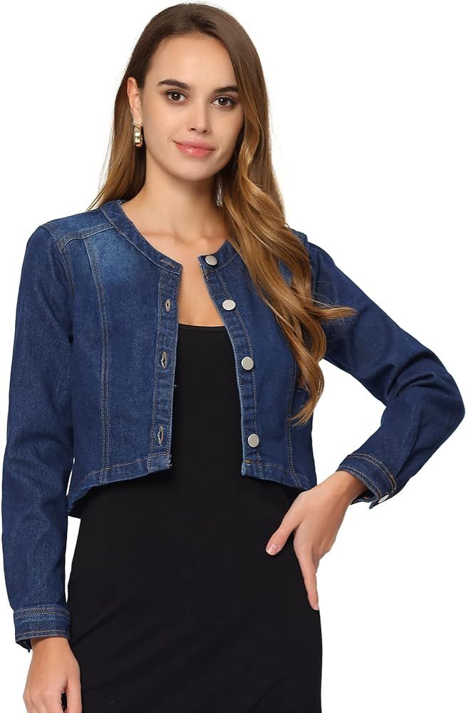 Allegra K Denim Jacket for Women's Collarless Button Down Crop Jean Jackets | Amazon (US)