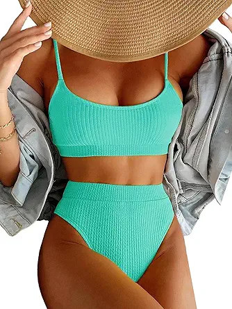 High Waisted Tummy Control Ribbed Bikini Crop Top Brazilian Swimsuit Set 2 Piece | Amazon (US)
