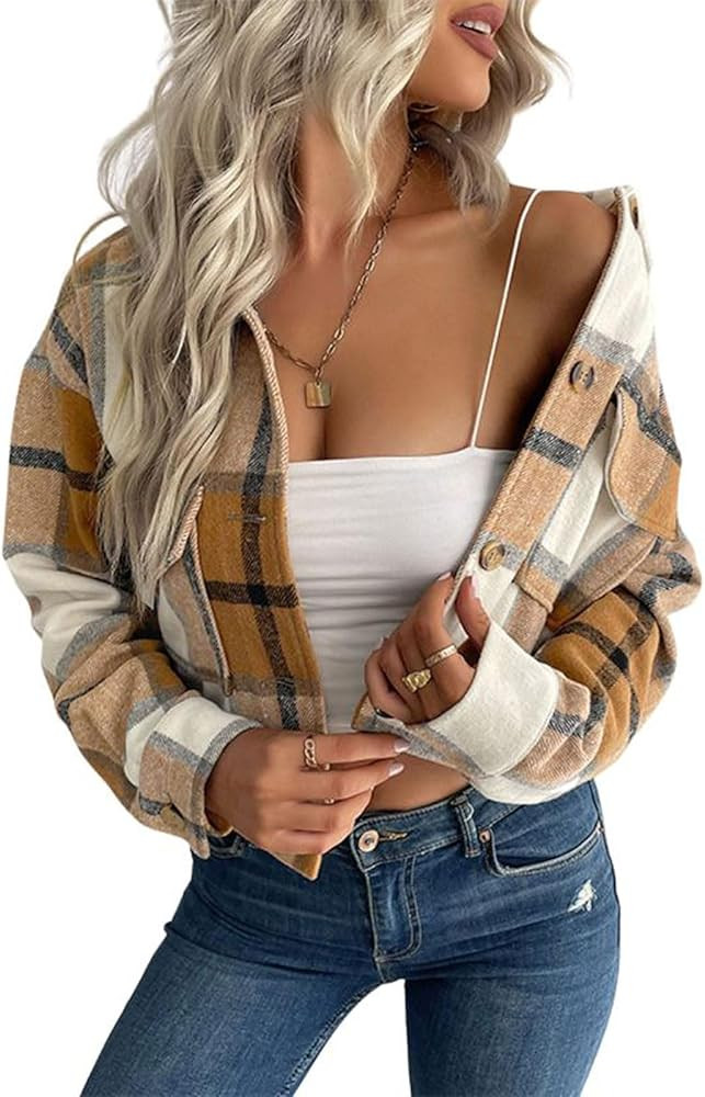utcoco Womens Cropped Plaid Shacket Jacket Button Down Long Sleeve Flannel Shirts 2024 Fall Coat ... | Amazon (US)