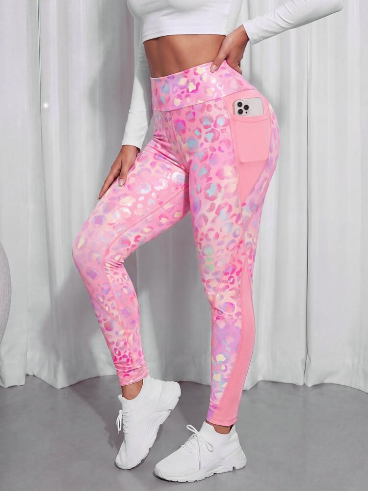 SHEIN Sports Women's Leopard Print High Waist Pocket Leggings Gym Party Pink Summer Y2k 90s | SHEIN USA | SHEIN