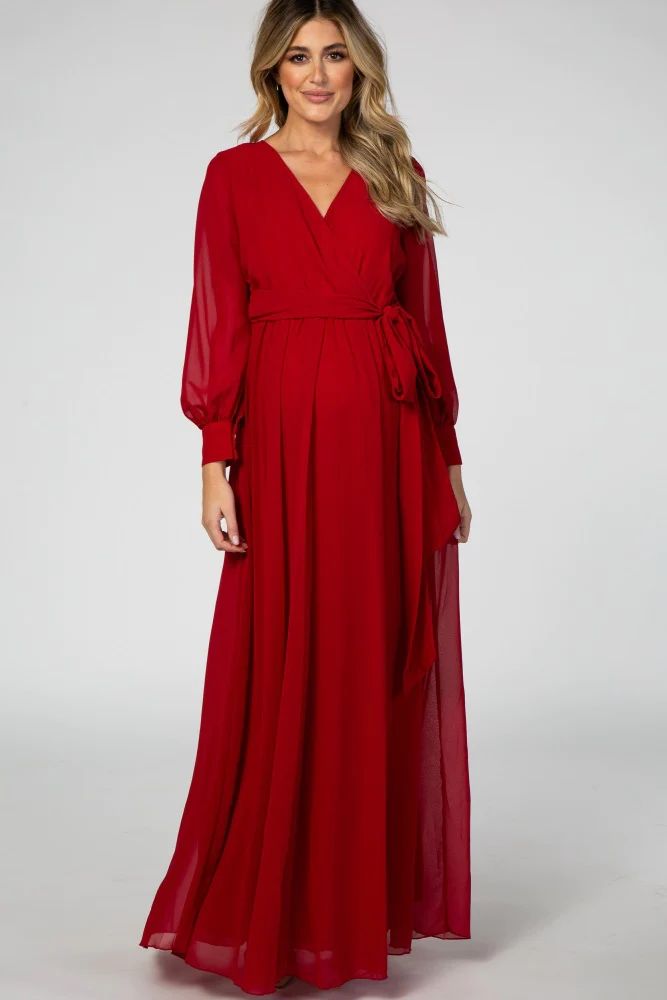 Red Chiffon Long Sleeve Pleated Maternity Maxi Dress | PinkBlush Maternity