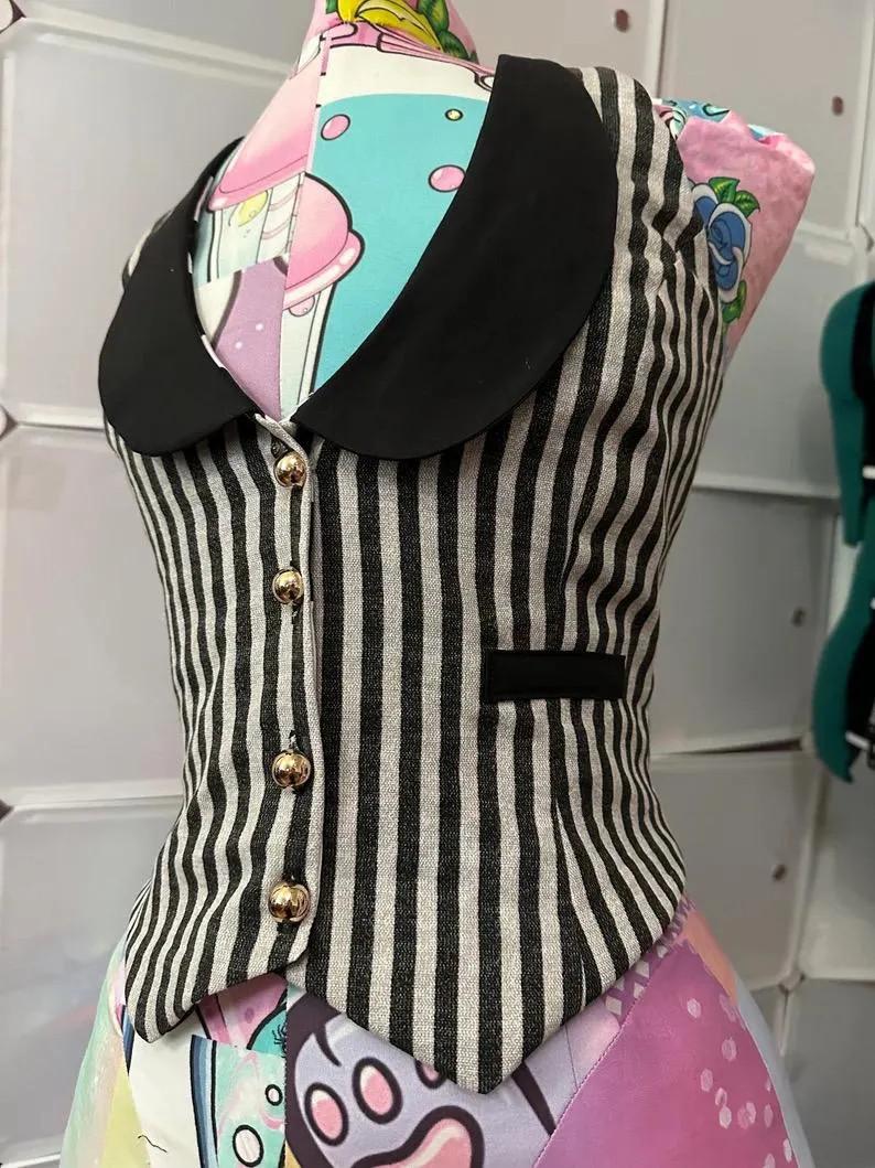Grey and Black Striped Vest With Black Collar and Gold Buttons 1/2” Stripe Stretch Back Shirred... | Etsy (Global)