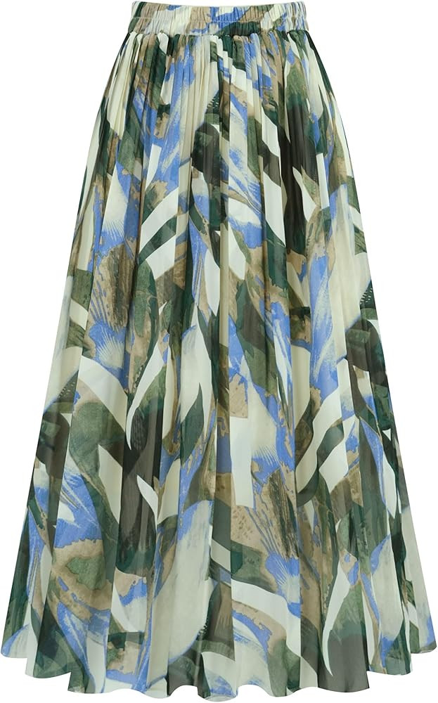 Kingfancy Women's Pleated Skirt Chiffon Elastic Waist A-Line Midi Length Skirt | Amazon (US)