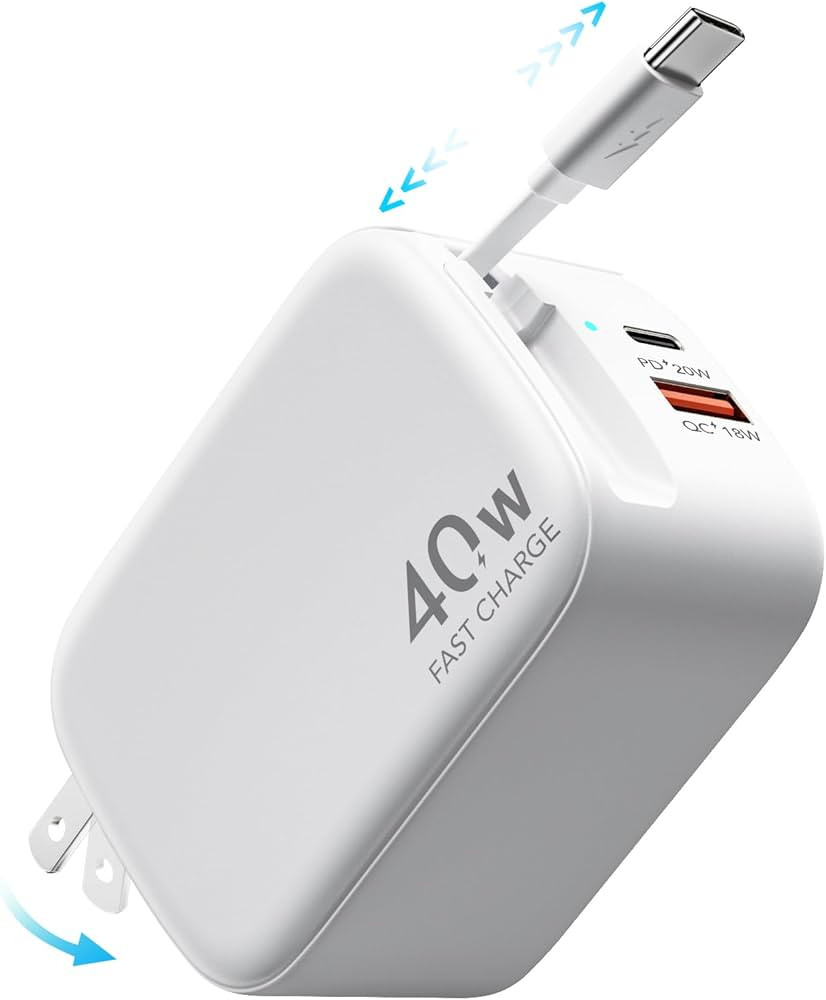 Retractable Wall Charger,40W PD Fast USB C Charger Block with Retractable Type-C Cable,Portable F... | Amazon (US)