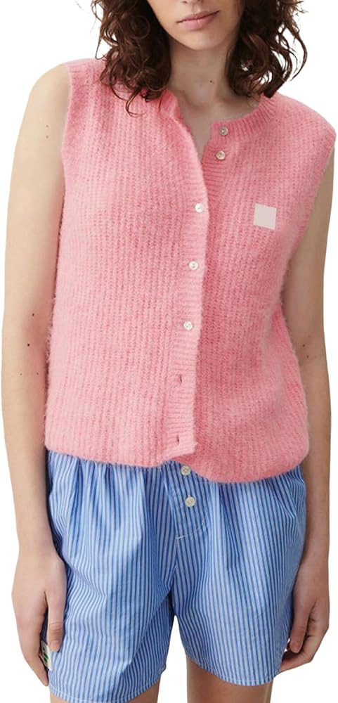 Women Sweater Vest Top Y2k Sleeveless Cardigans Front Button Down Crew Neck Open Front Knit Ribbe... | Amazon (US)