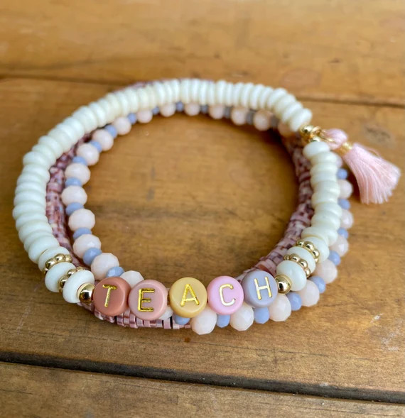 Pastel Teacher Bracelet Stack  Teach Stretch Beaded Bracelet - Etsy | Etsy (US)