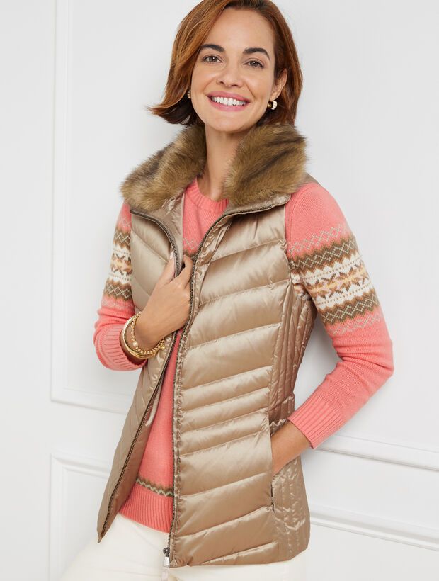 Faux Fur Collar Metallic Down Puffer Vest | Talbots