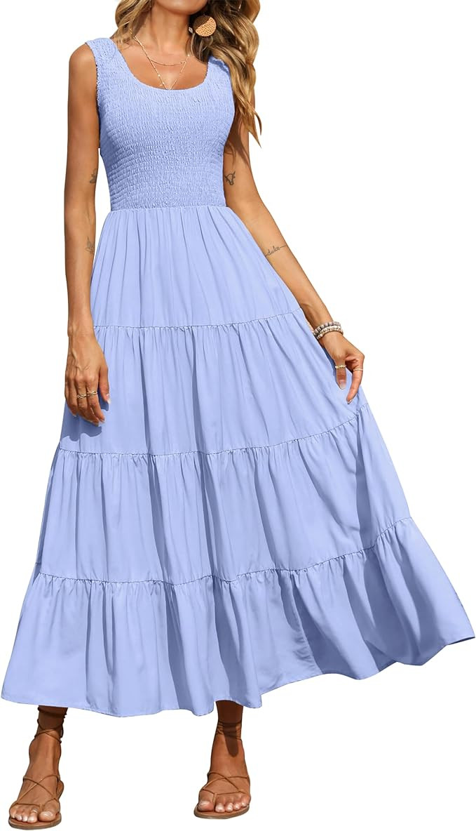 PRETTYGARDEN Womens Smocked Sleeveless Tiered Long Dresses | Amazon (US)