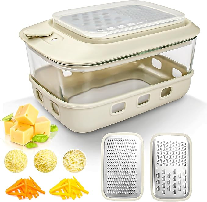 Cheese Grater with Container and Lid,Glass Food Storage Box with Silicone Sleeves,Hand Chopper Gr... | Amazon (US)