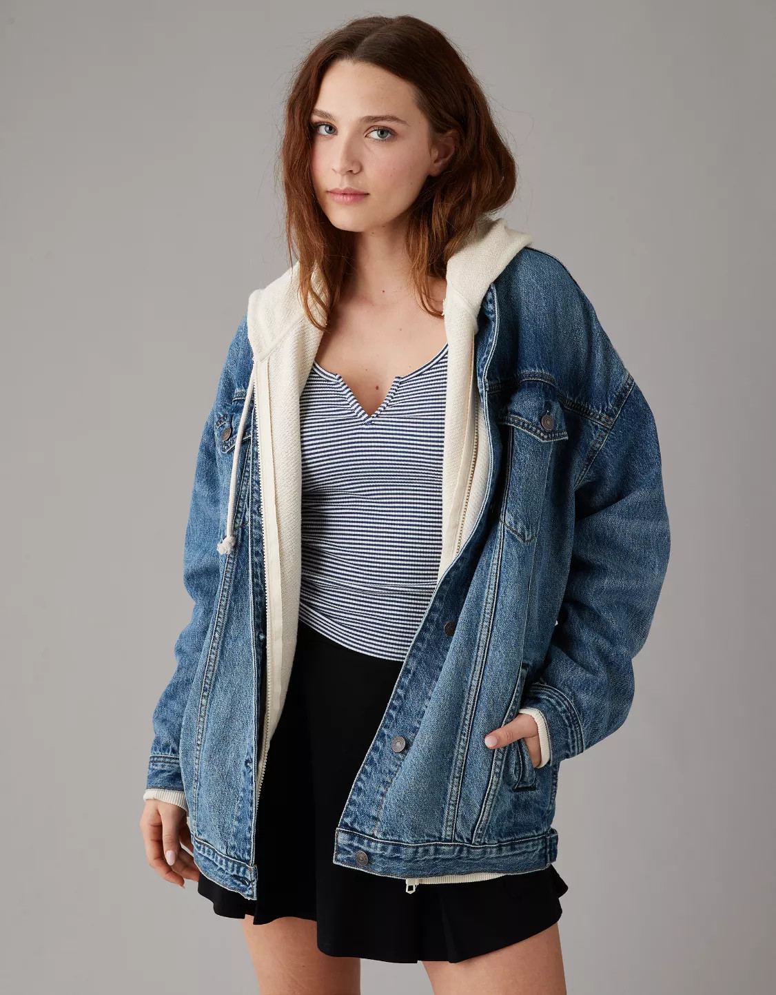 AE Strigid Oversized Denim Boyfriend Jacket | American Eagle Outfitters (US & CA)