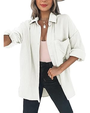 Dokotoo Womens Color Block Button Down Shirts Long Sleeve Oversized Boyfriend Blouses Tops | Amazon (US)