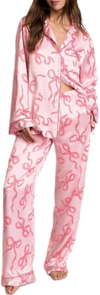 Silk Bow Pajamas for Women Cute Satin Cowboy Boot Print Western Pjs Button down Preppy Shirt Matc... | Amazon (US)