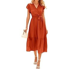 BTFBM Women Summer Bohemian Floral Casual Wrap V Neck Ruffle Cap Sleeveless Belt A-Line Pleated H... | Amazon (US)