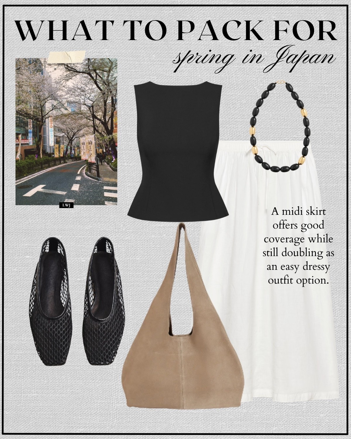 Japan spring outfit 

Spring travel / spring style / dressy outfit / black peplum top / white mid skirt / black woven flats / beige suede tote / beaded necklace 

#LTKTravel