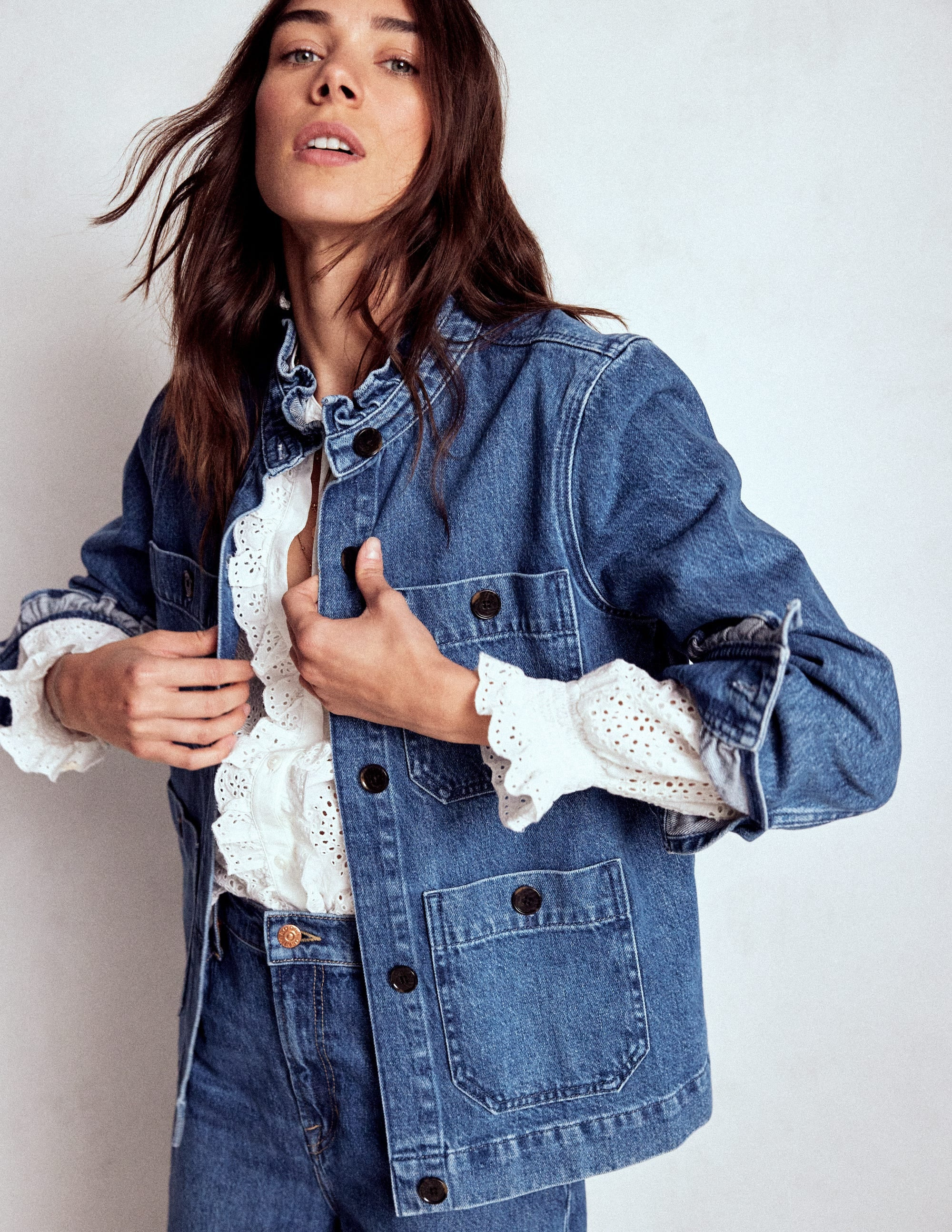 Denim Frill Collar Jacket-Mid Wash | Boden (US)